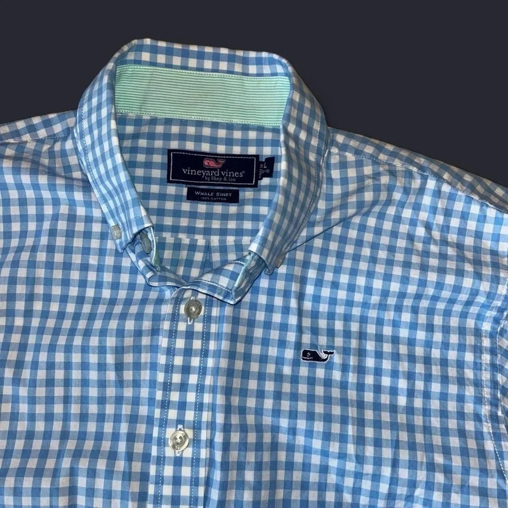 Vineyard Vines Youth L Whale Shirt – Blue Gingham – 100% Cotton